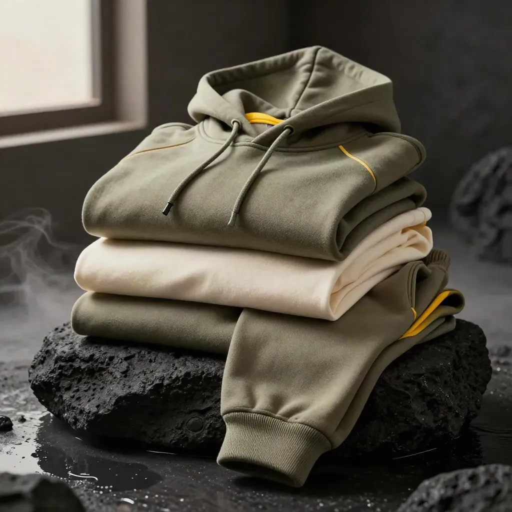 Stacked boys outfit bundle on dark stone with misty dramatic lighting