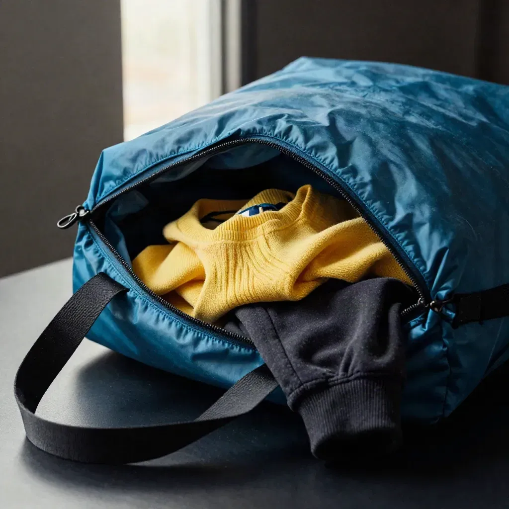 Open kit bag spilling hoodie, tee and joggers in a dramatic dark studio with sea-blue and yellow accents.