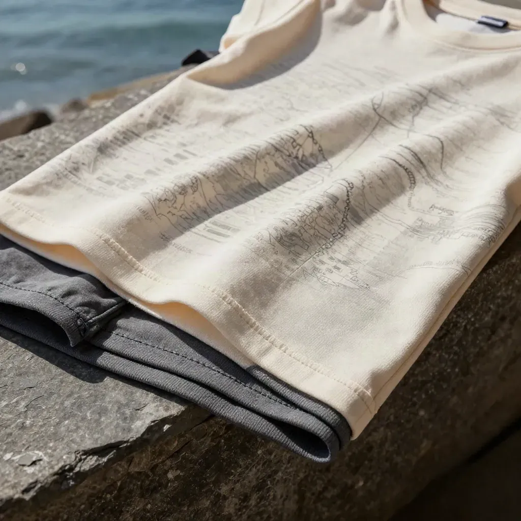 Macro of a soft cotton map-print tee draped over dark stone beside a folded short.