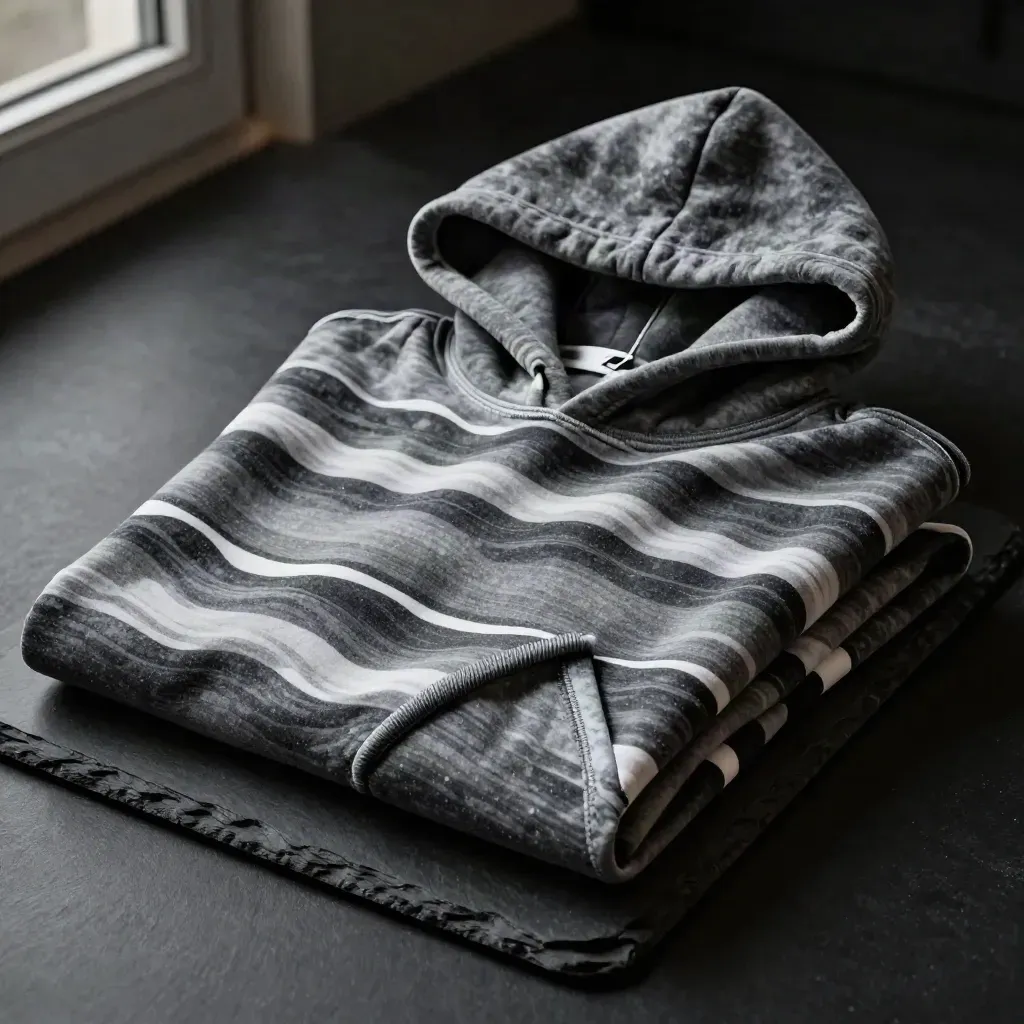 Folded ocean stripe hoodie on charcoal slate with dramatic rim light and haze