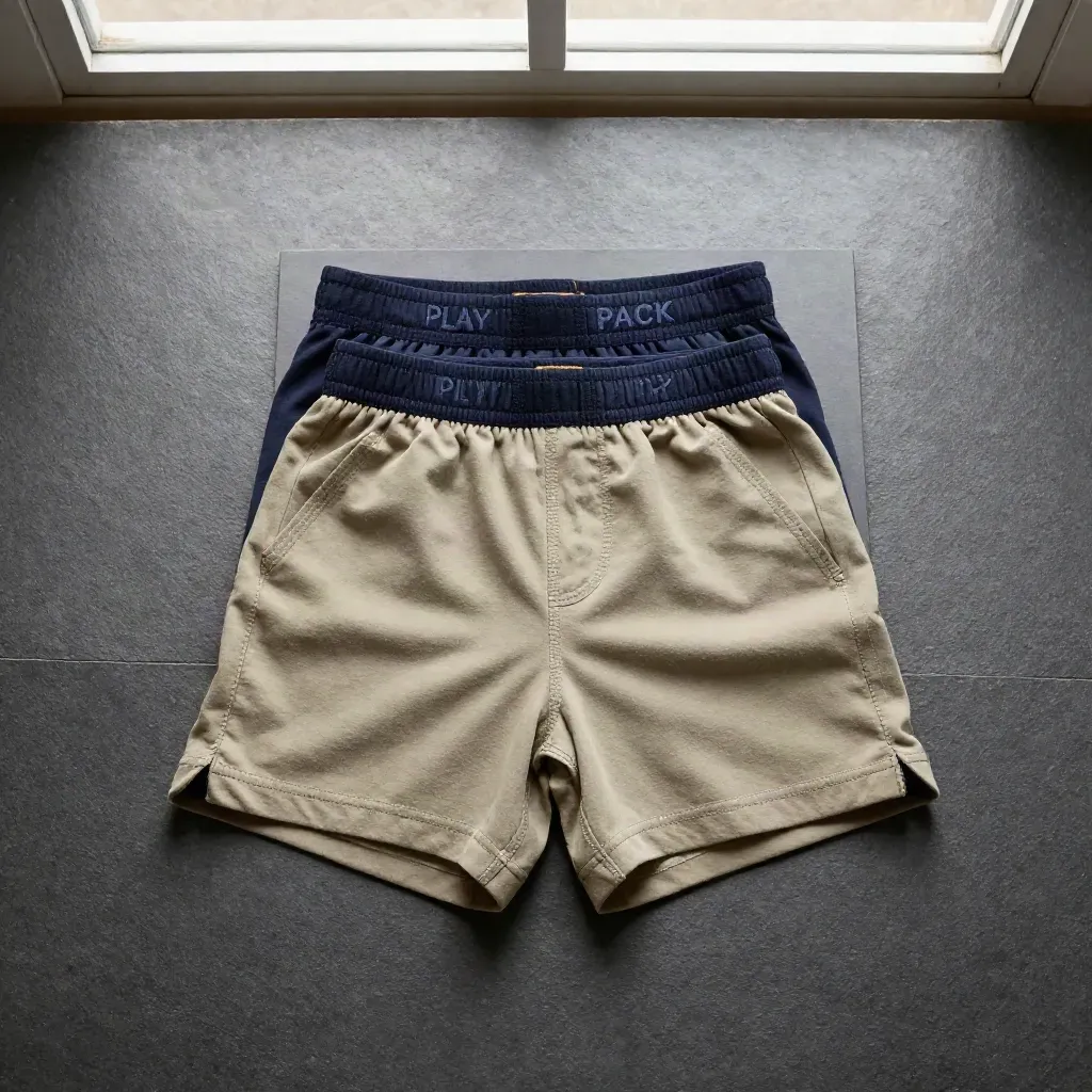 Overhead flatlay of two folded boys' shorts stacked on charcoal stone with a navy waistband peeking.
