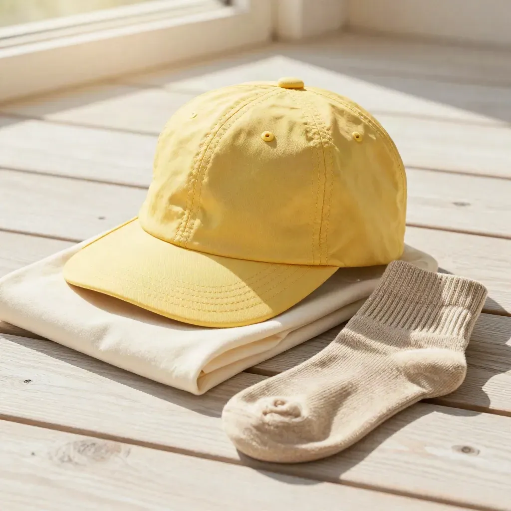 Sun cap, folded tee, and socks on a pale timber deck with warm haze and crescent shadow.