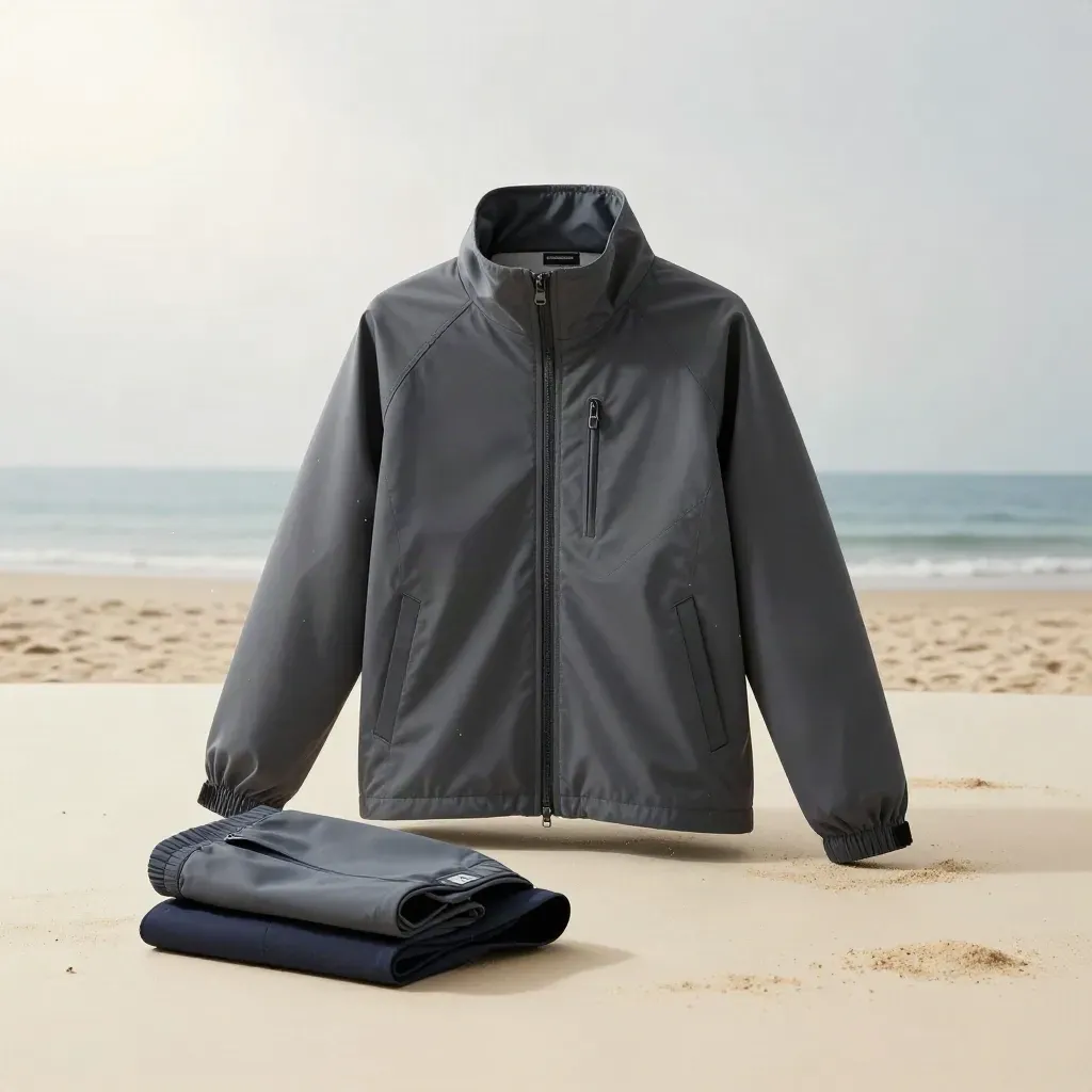 Upright warm zip jacket with jogger set and cap on a soft coastal studio floor.