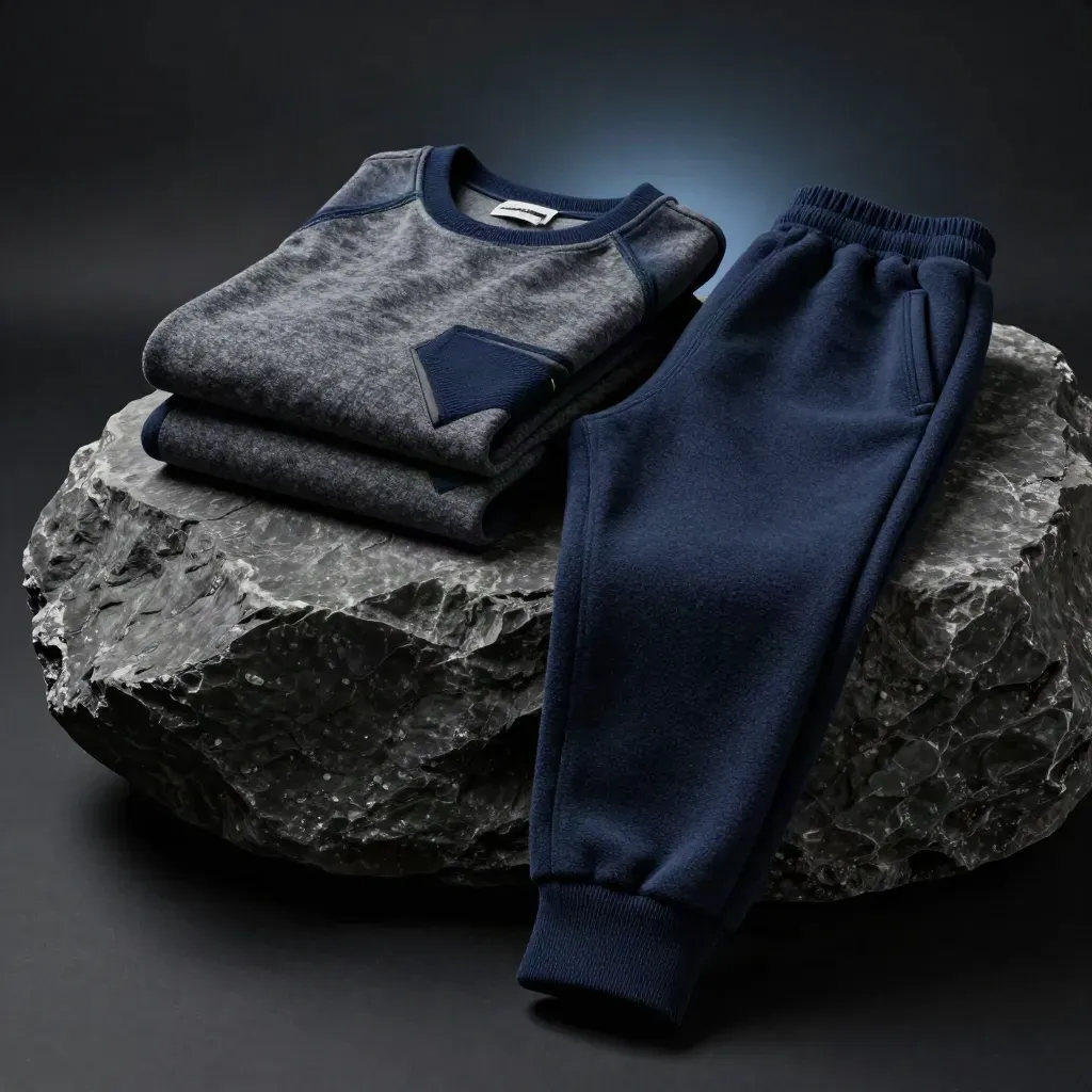 Folded navy boys’ jogger set on charcoal stone with dramatic cool studio light.
