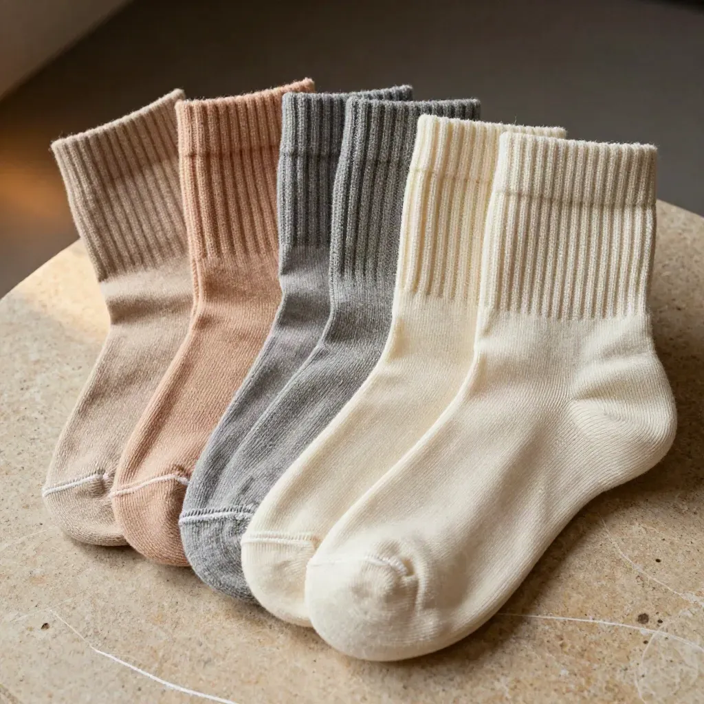 Five neutral crew socks fanned in a semicircle on warm limestone, one cuff slipping forward.
