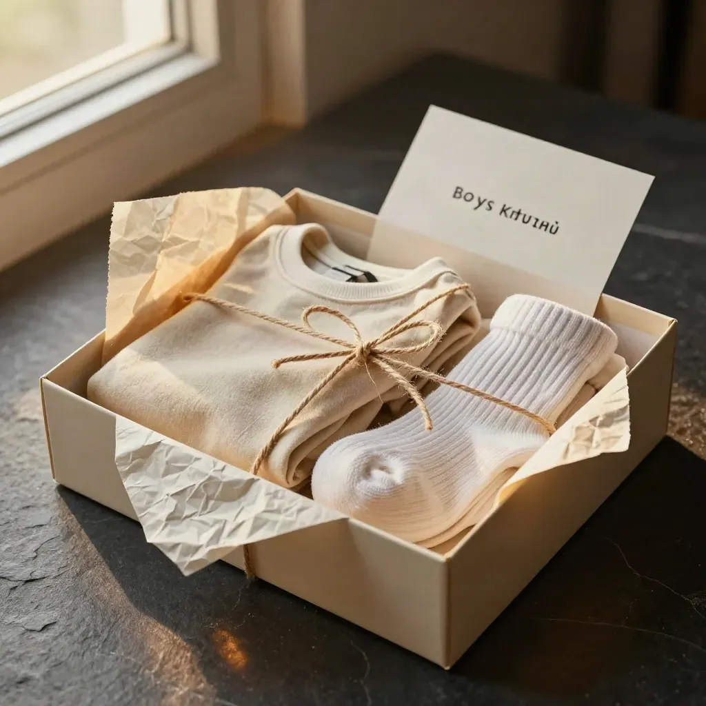 Gift-ready apparel bundle in a plain box with tissue and twine, softly lit on dark stone.