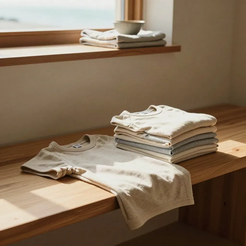 Folded boys’ T-shirts on a sunlit cedar ledge with calm copy space below