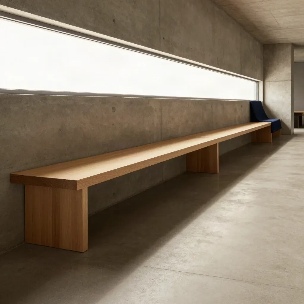 Sunlit concrete corridor with timber benches and calm copy space, architectural interior scene.