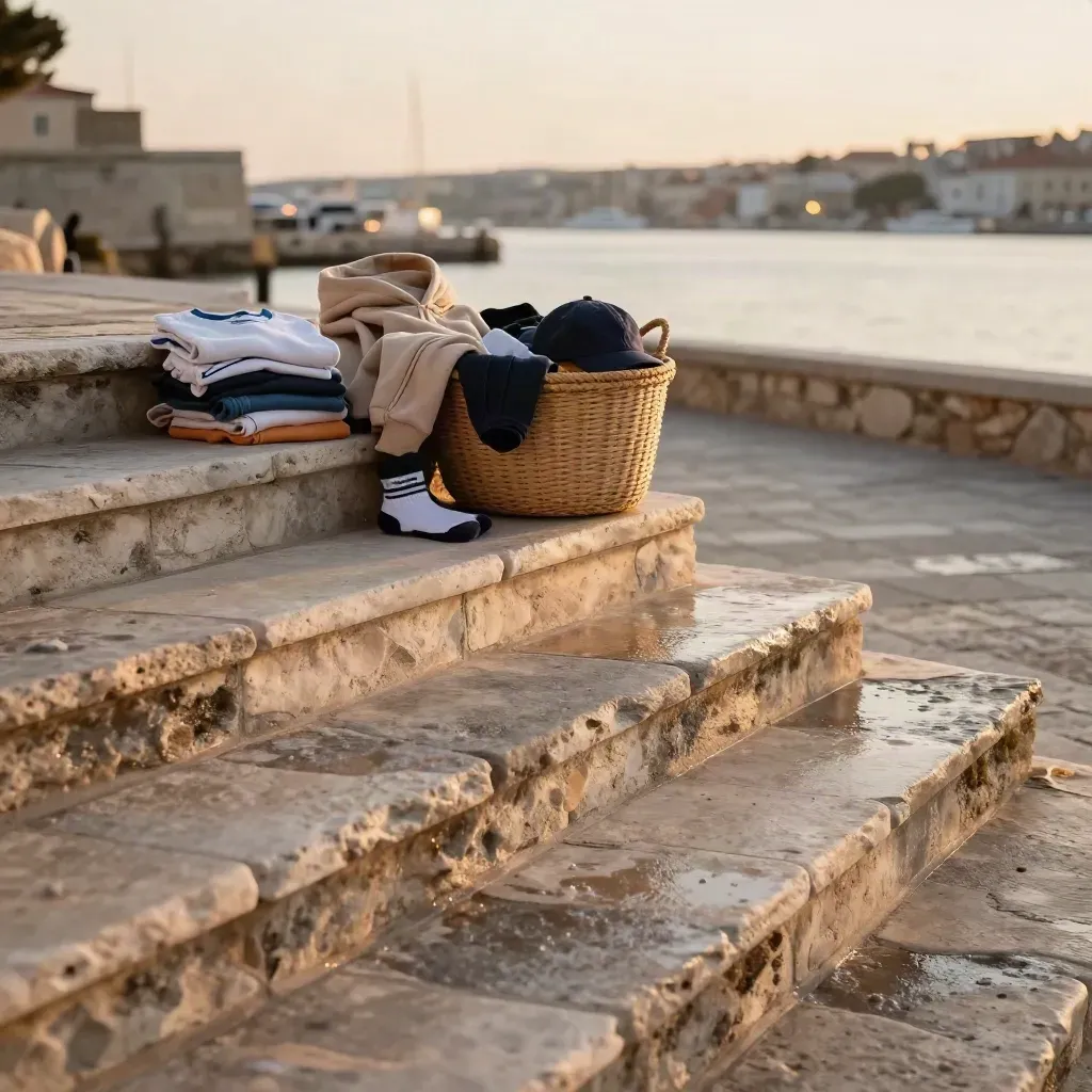 Golden harbor stair landing with baskets of folded boys' apparel and calm copy space