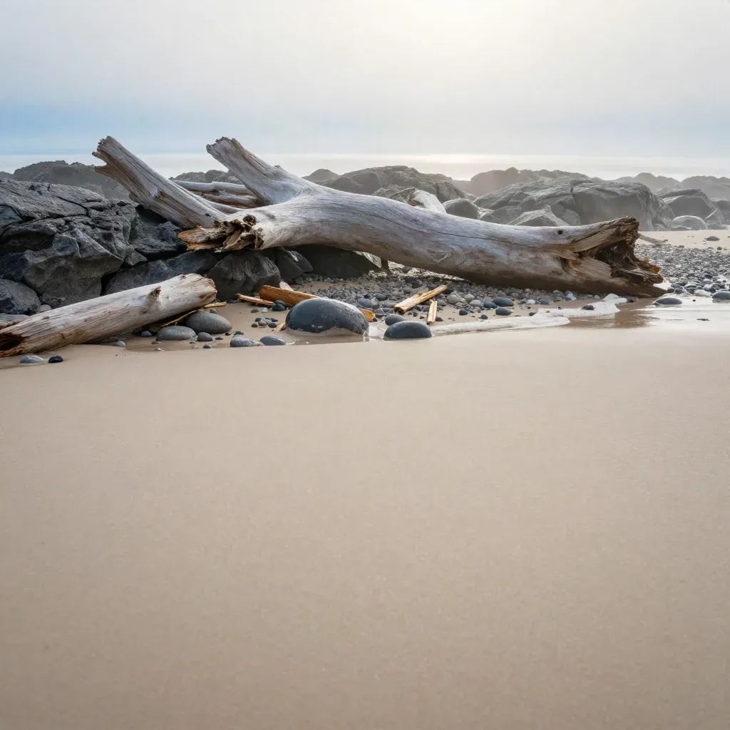 Misty shoreline with driftwood, rocks, and open sand under a pale horizon.