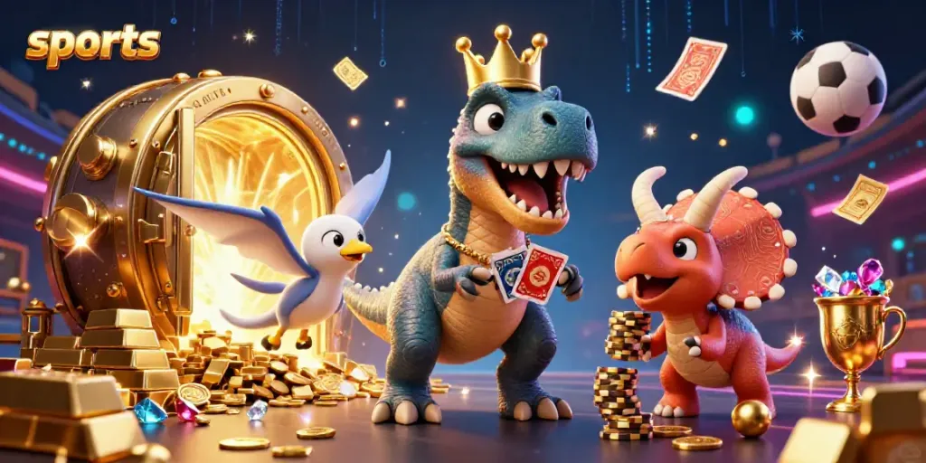 Bet on sports with cartoon characters in a vibrant casino scene filled with gold and gems.