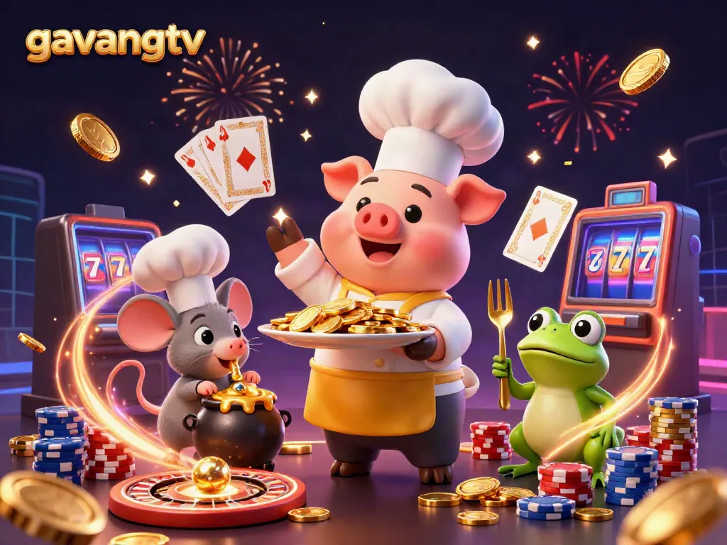 Experience thrilling gaming action with gavangtv as the chef pig serves gold coins, while Mouse and Frog join for a fun casino feast.