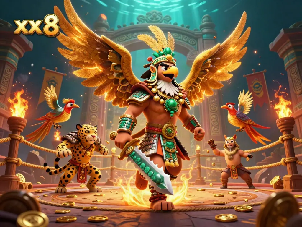 Engage in thrilling battles at xx 8's Aztec-inspired online gaming arena, featuring vibrant warriors and coins.
