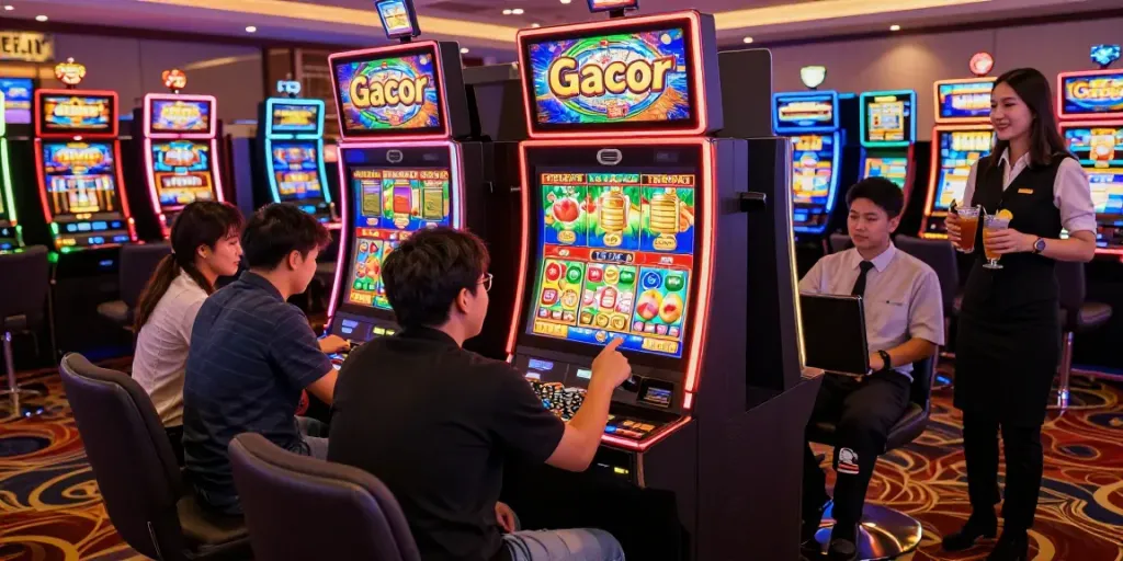 Players enjoying slot online gacor games in a lively casino, colorful machines, and dynamic atmosphere.