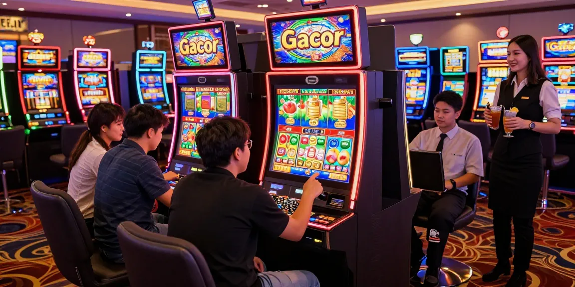 Players enjoying slot online gacor games in a lively casino, colorful machines, and dynamic atmosphere.