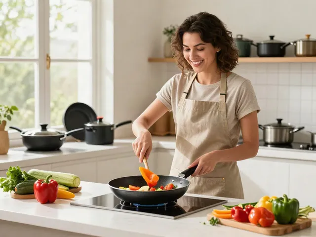 Cooking with vibrant non-stick cookware price in bangladesh, showcasing a stylish kitchen.