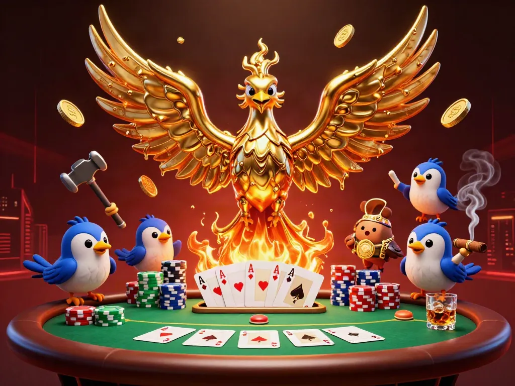 Experience pakde4d's dynamic gaming scene with a molten phoenix and dazzling poker elements.