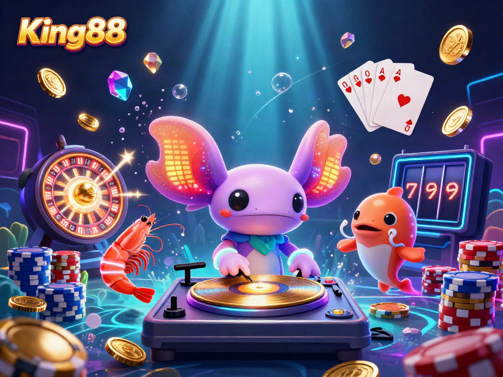 Experience King88's vibrant casino adventure with axolotl DJ, shrimp dancers, and poker chips.