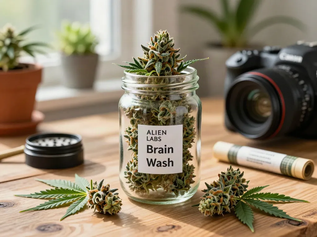 Alien Labs Brain Wash cannabis strain buds in a glass jar with rolling papers and a grinder in a warm, inviting atmosphere.