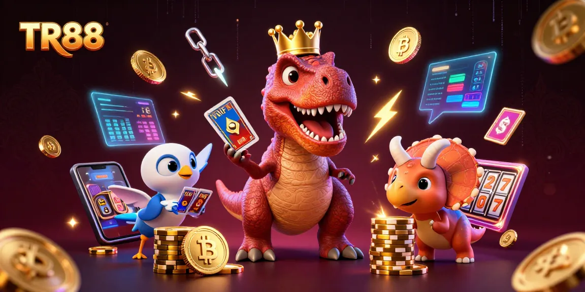 Experience TR88's exciting gaming atmosphere with a T-Rex shuffling cards and stacking chips.