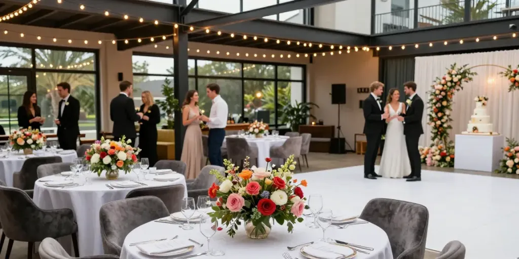 Venue pernikahan modern elegan dengan dekorasi dan suasana yang hangat, menampilkan tobrut88.