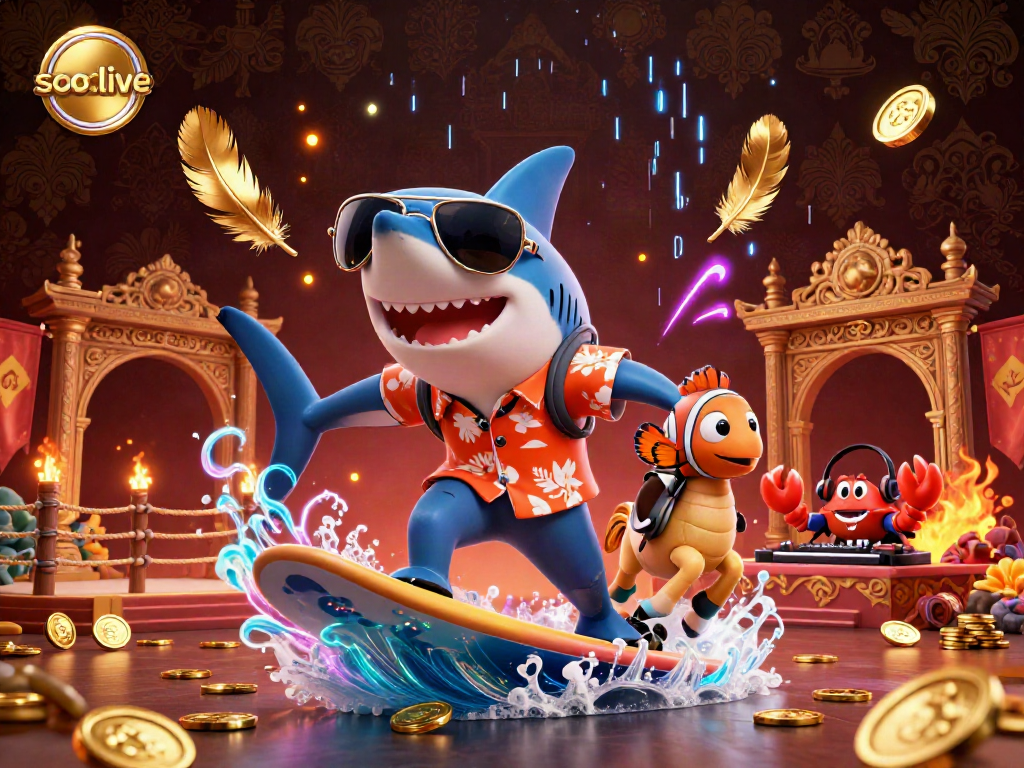 Socolive showcases a dynamic 3D scene with a cartoon shark and friends surfing on a wave of gold coins, featuring vibrant energy and casino elements.