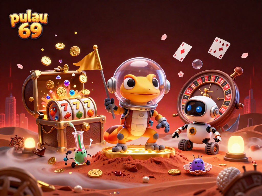 Experience the excitement of pulau 69 with a Martian gecko discovering a golden casino in a vibrant 3D scene.