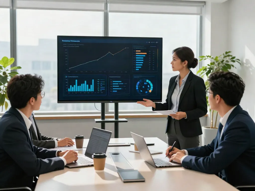 Collaborative PedroVazPaulo Executive Coaching scene with diverse leaders discussing performance metrics in modern office.