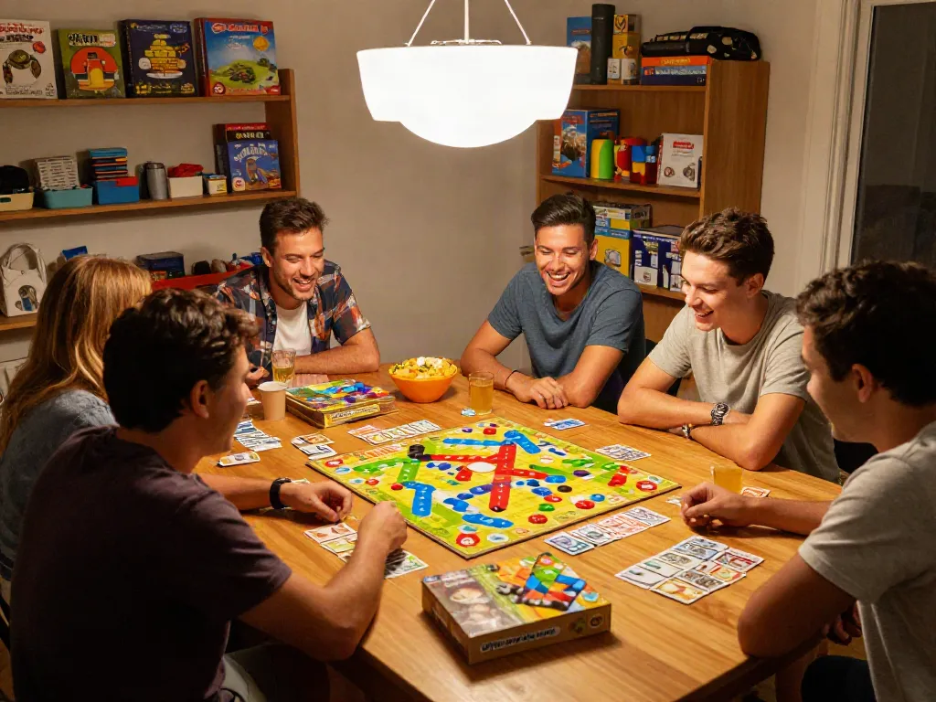 Engaging friends playing Qwirkle in a cozy game room with board games and snacks.