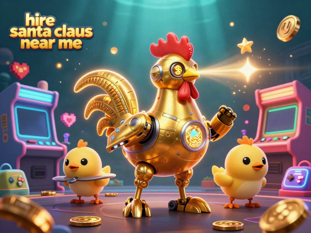 Engage with the magic of hire santa claus near me in this animated casino world featuring a golden rooster robot.