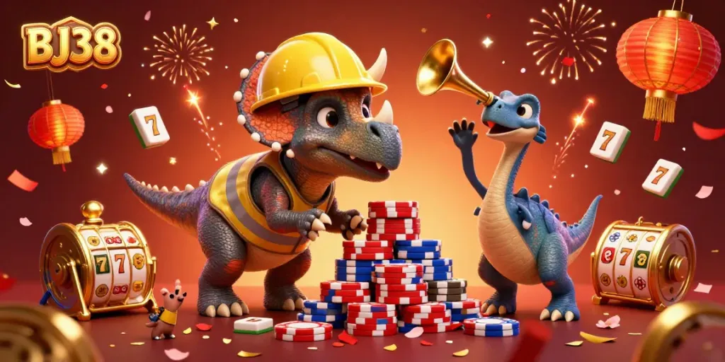 BJ38 brings a vibrant casino atmosphere with a triceratops and friends celebrating over poker chips and slot reels.