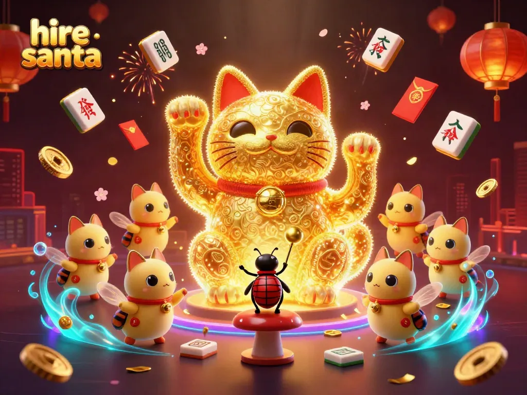Hire Santa with golden fireflies and casino symbols, creating a festive atmosphere.