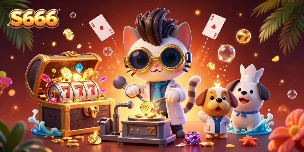 S666 players spinning slot reels in a vibrant, engaging casino scene full of golden coins and excitement.