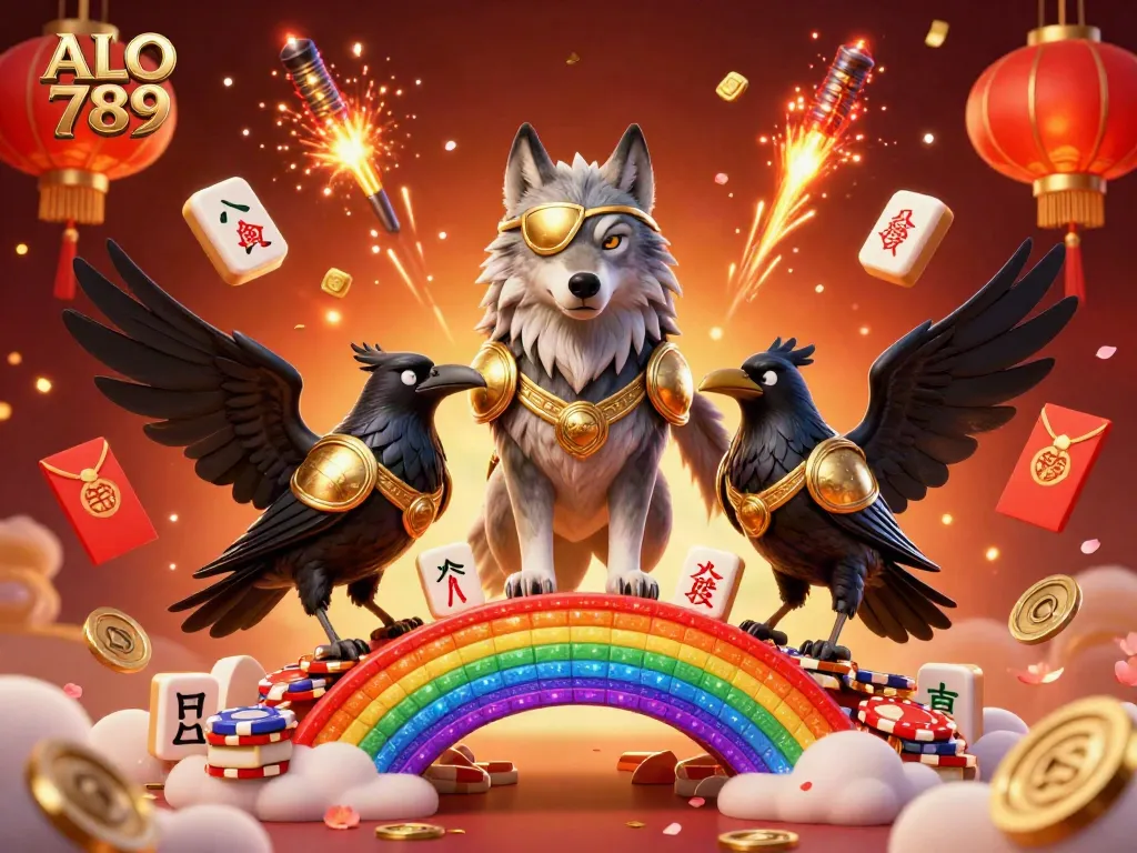 Engage with the striking visual of ALO 789, featuring Odin’s wolf and ravens amidst a vibrant casino landscape.