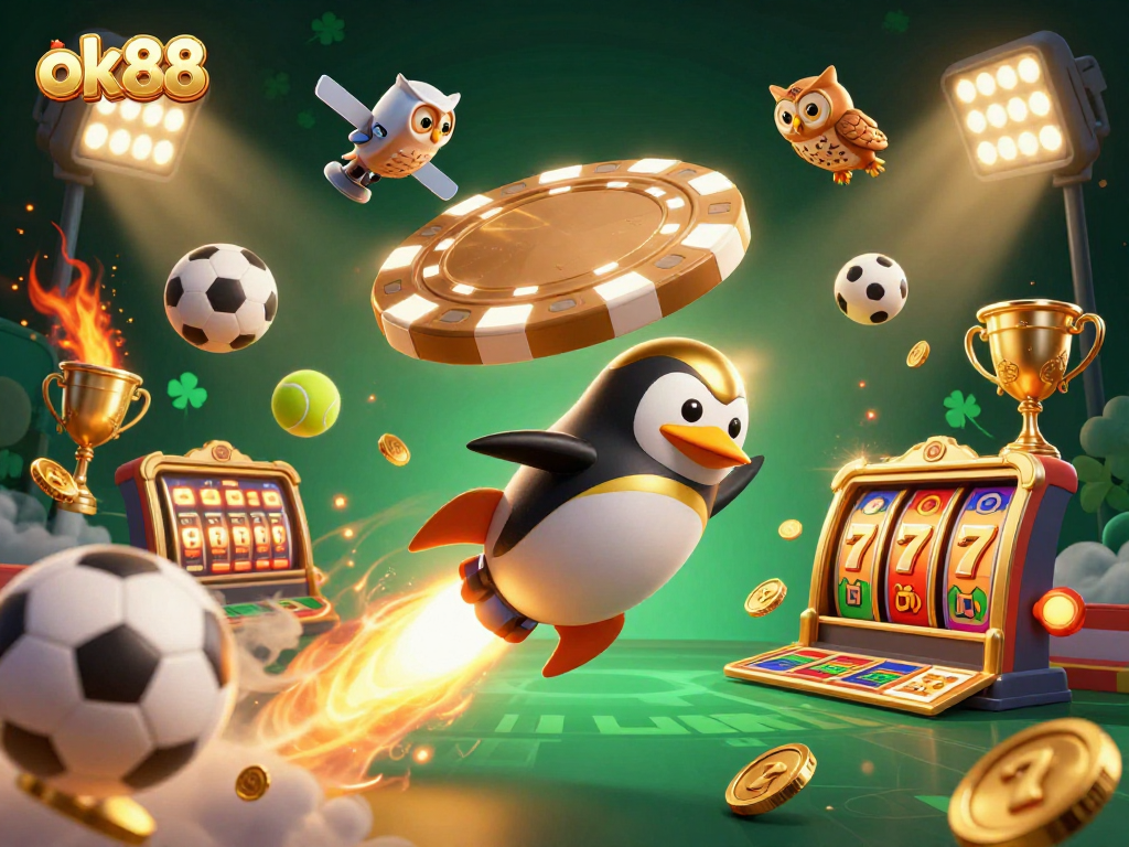 Experience thrilling sports action with ok88, featuring animated gambling elements and dynamic characters.