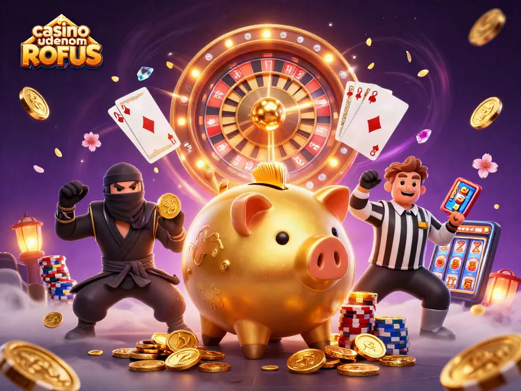 Experience casino uden om ROFUS with a golden piggy bank sumo wrestler and dynamic game elements.