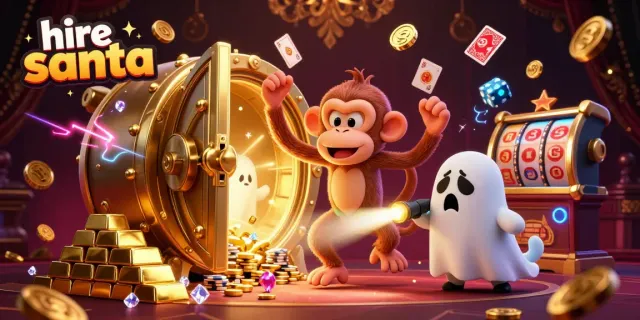 Hire Santa with a curious puppy in a vibrant haunted casino full of golden treasures.