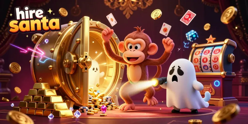 Hire Santa with a curious puppy in a vibrant haunted casino full of golden treasures.