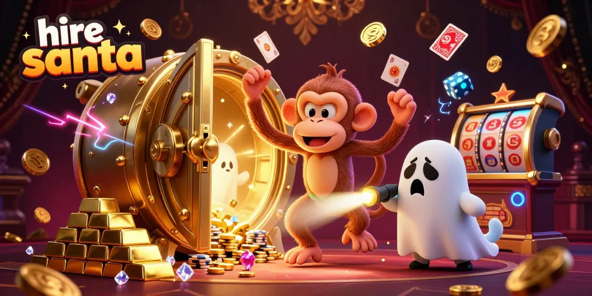 Hire Santa with a curious puppy in a vibrant haunted casino full of golden treasures.