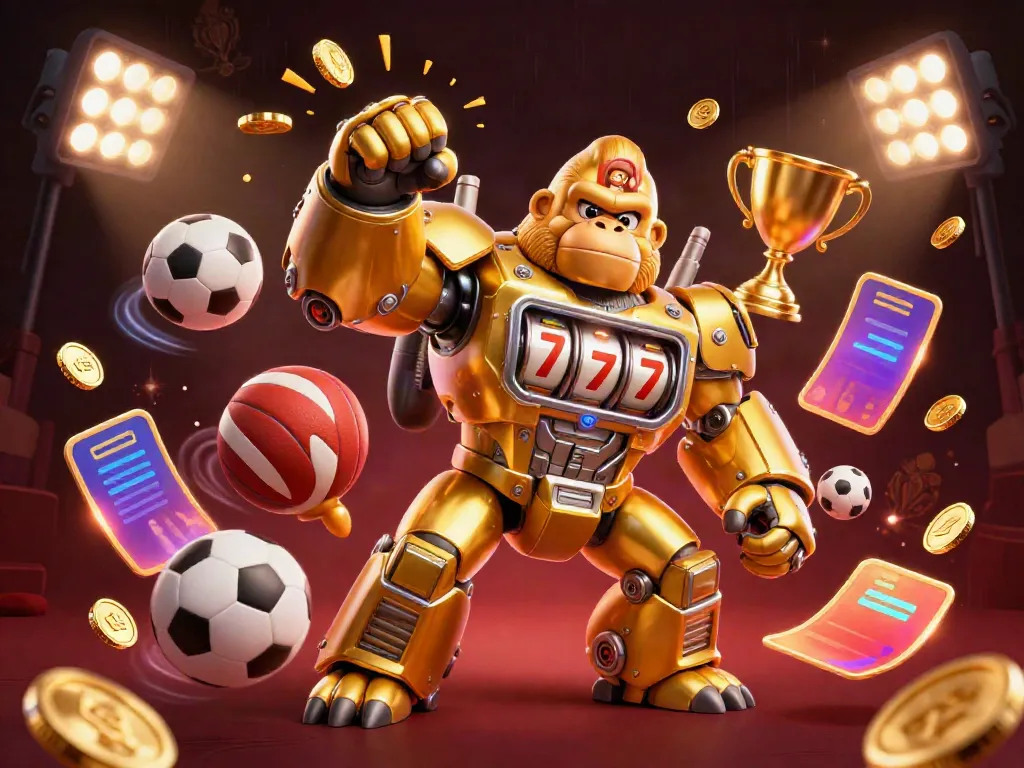 Bongdalu showcases a dynamic scene with a golden gorilla mech and sports elements, enhancing betting excitement.