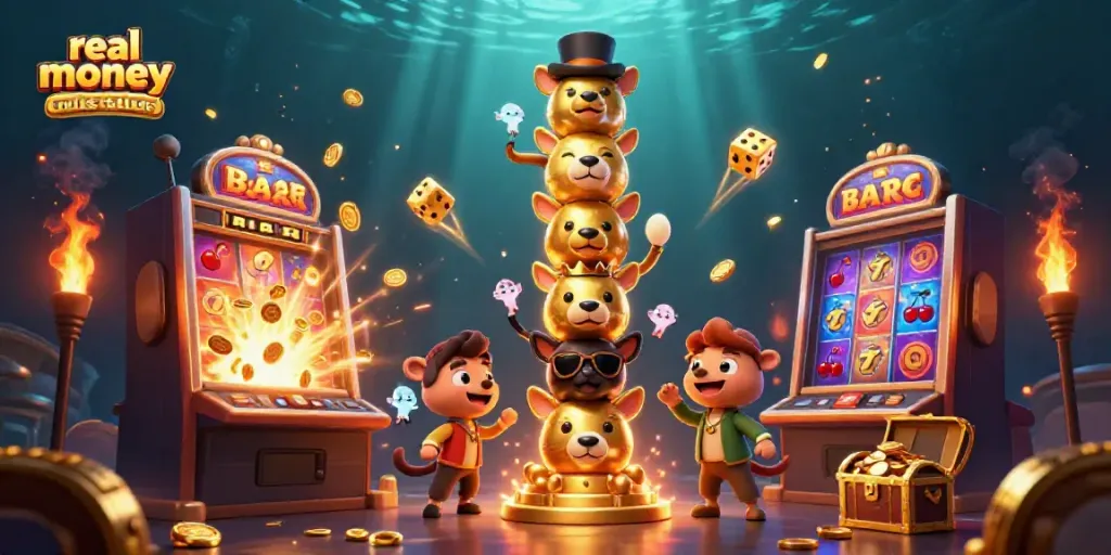 Experience the excitement of real money online casinos through dynamic game elements and cartoon totems.