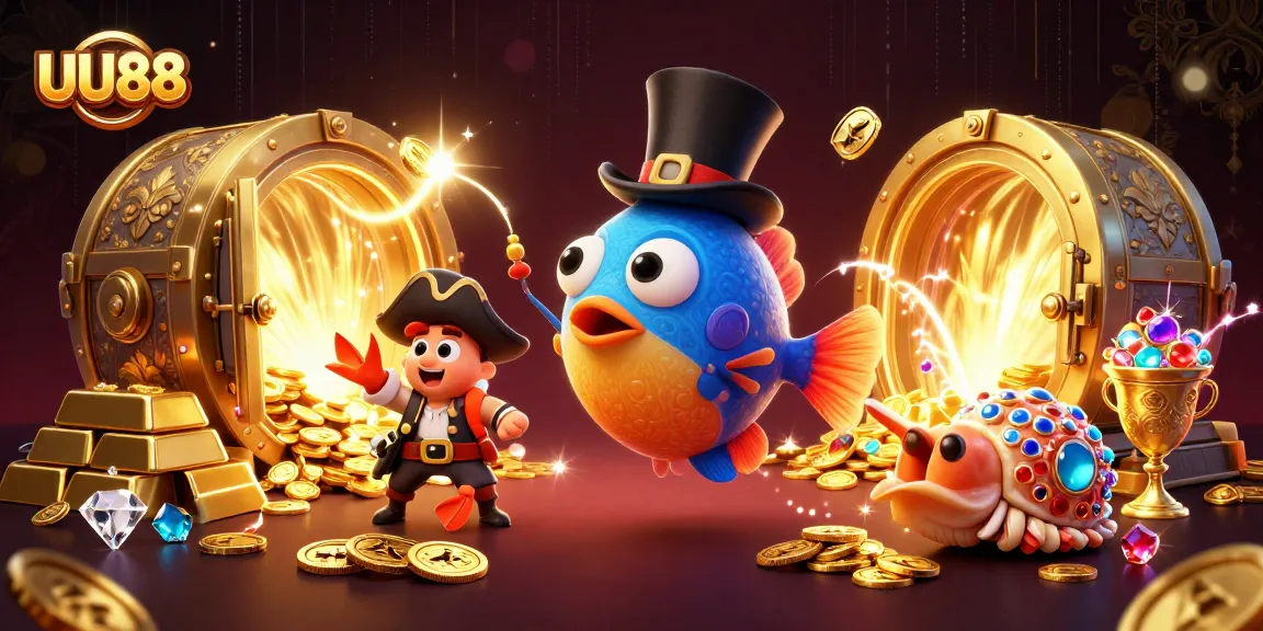 Join the fun at UU88 with a vibrant deep-sea anglerfish and pirate shrimp capturing golden coins!