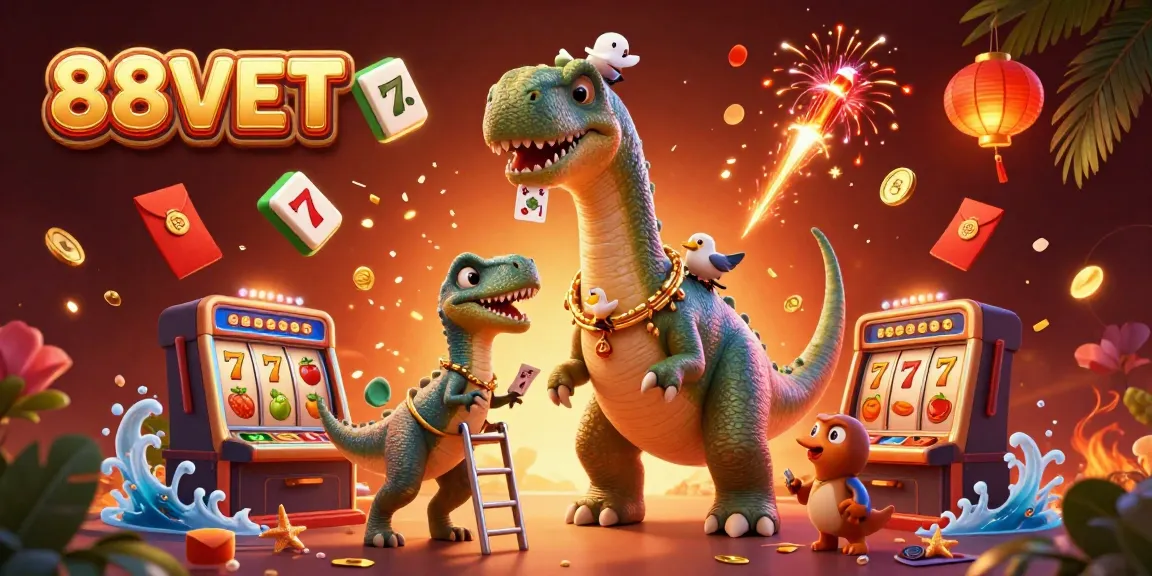 Engage with thrilling slots at 88V BET, showcasing a whimsical cartoon scene with vibrant casino elements.