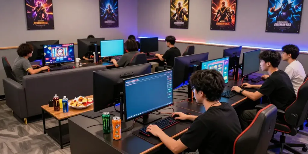Engaged gamers enjoying ROKOK88 slot login in a vibrant gaming lounge.