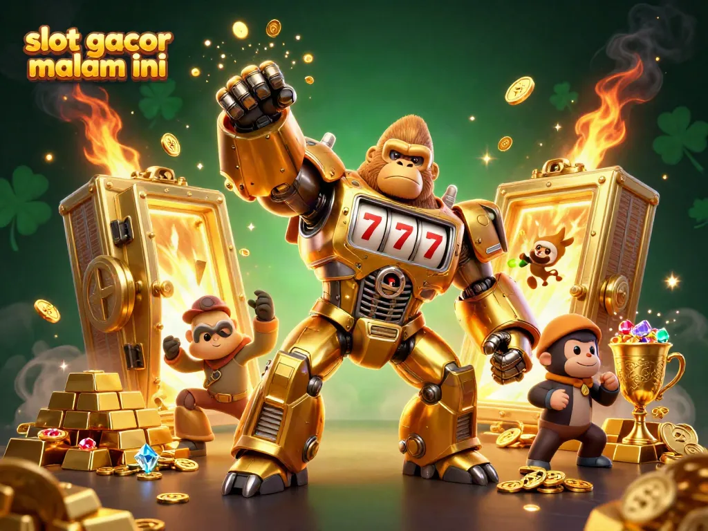 Gorila emas sebagai mech slot gacor malam ini dengan peti harta berkilau dan rubi bertebaran.