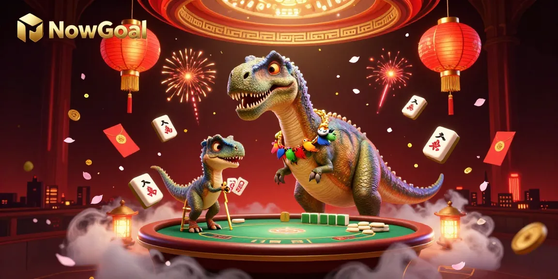 Experience high-stakes poker action in NowGoal's vibrant casino scene featuring a playful brontosaurus.
