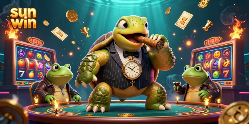 Experience the excitement of sun win with a snapping turtle in a casino setting surrounded by jackpot themes.