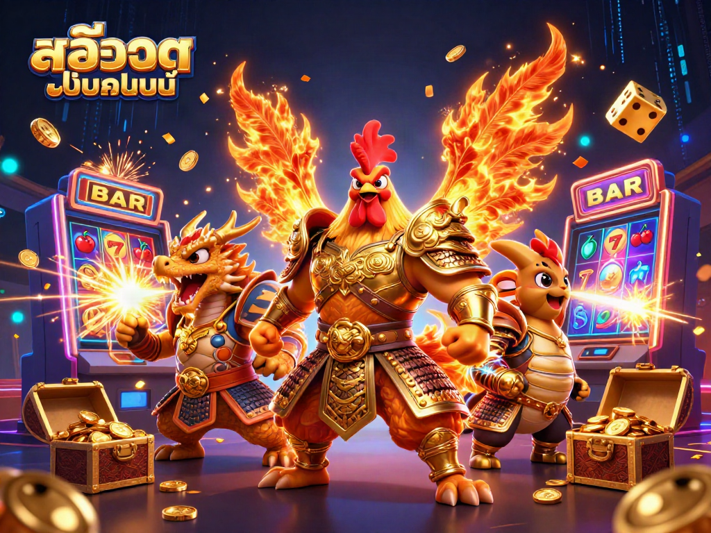Experience thrilling สล็อตออนไลน์ adventures with a dynamic illustration featuring a rooster warrior and a dragon hatchling amidst explosive jackpots.