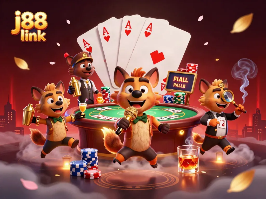 Hyenas in a vibrant casino scene featuring j88 link with poker tables, a stand-up comedian, and lively elements.