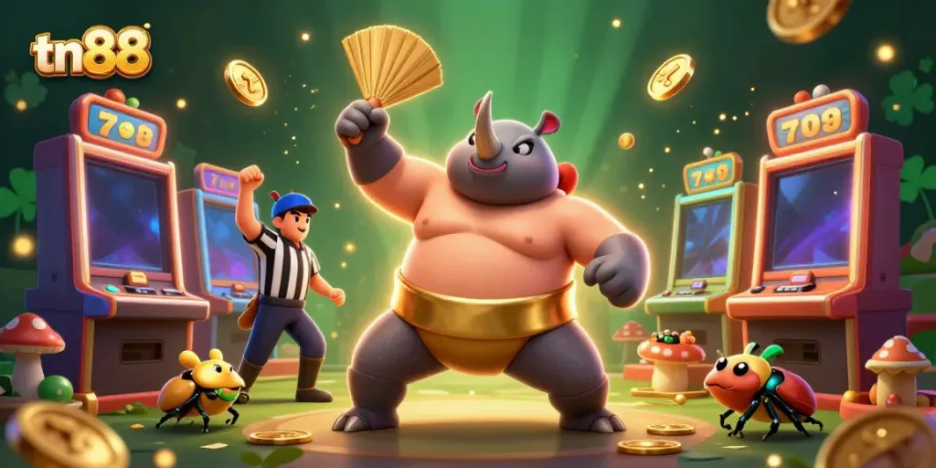 Experience tn88's thrilling casino games with a dynamic 3D beetle champion celebrating a jackpot.